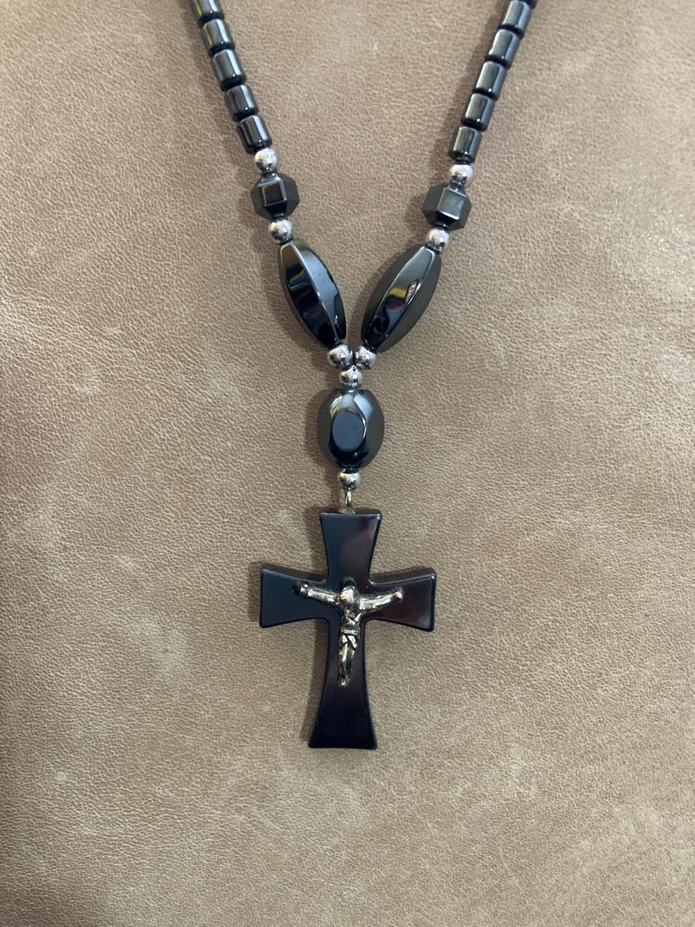 Unisex Black Cross Necklace with Beaded Hematite Accents